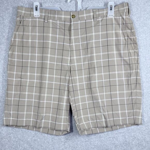 PGA Tour Shorts Mens 38 Tan Plaid Golf Shorts Pro Series 10” Inseam Lightweight - Picture 1 of 11